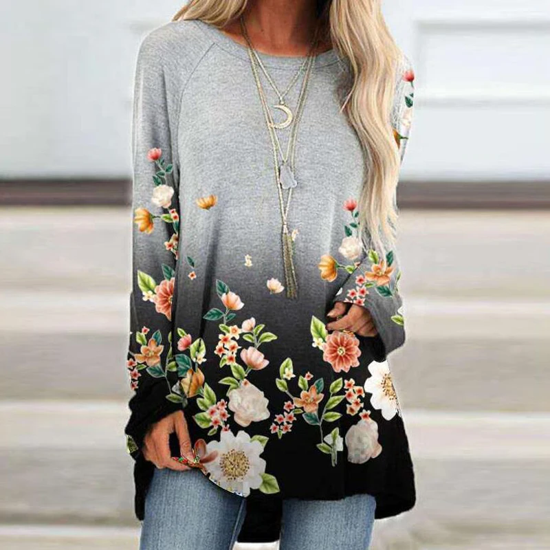 

3D Floral Print Women Blouse Shirt 2021 Spring Fashion Long Sleeve O-Neck Tops Shirts Casual Loose Vintage Ladies Streetwear