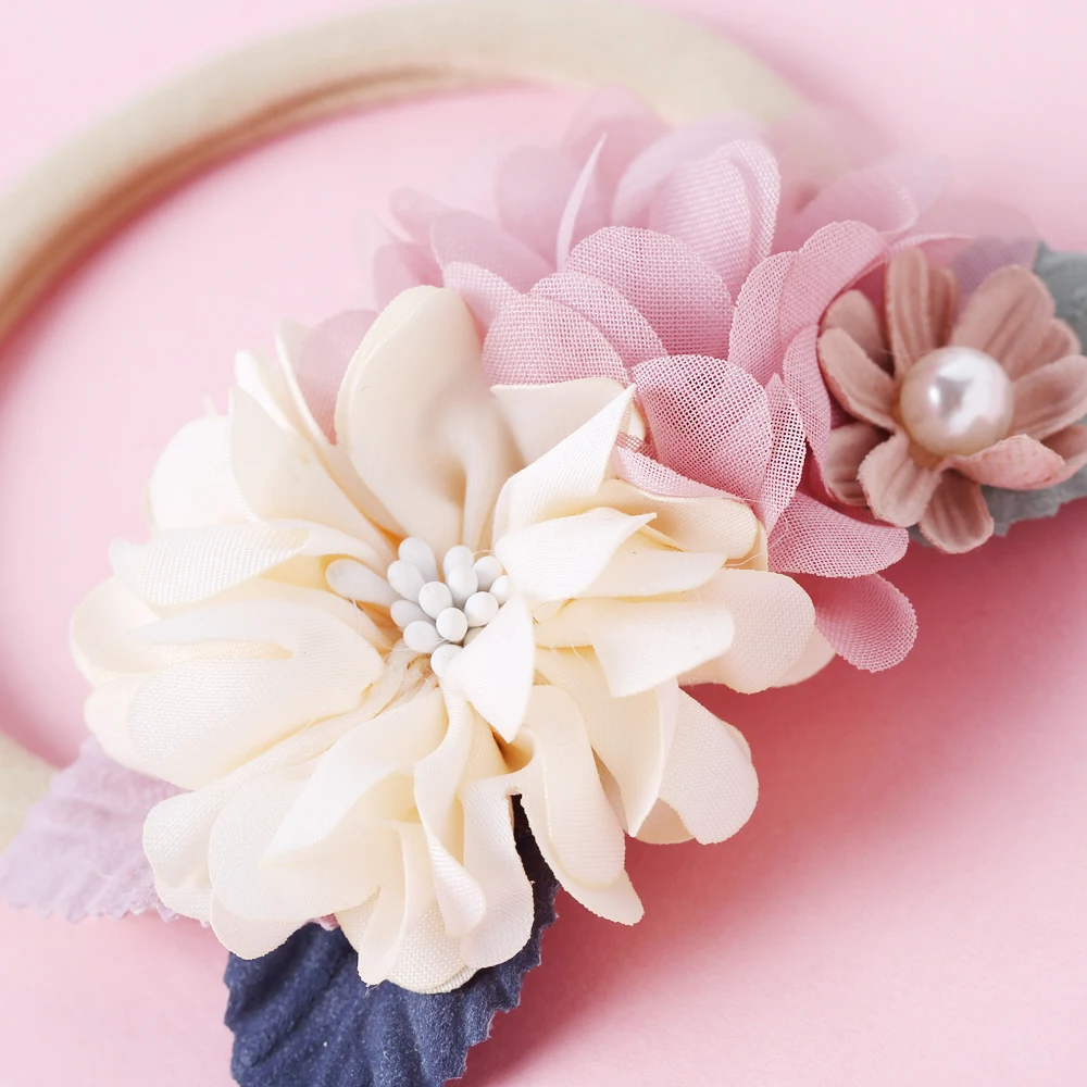 

1PC Baby Accessories Rose Hair bands Chiffon Flower Lace Elastic Pearl Newborn Nylon Headbands Fake Flower Baby Girls Hair Tie