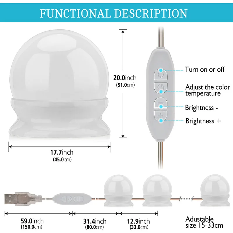 Светодиодный светильник зеркало для макияжа с USB портом|Подсветка туалетного