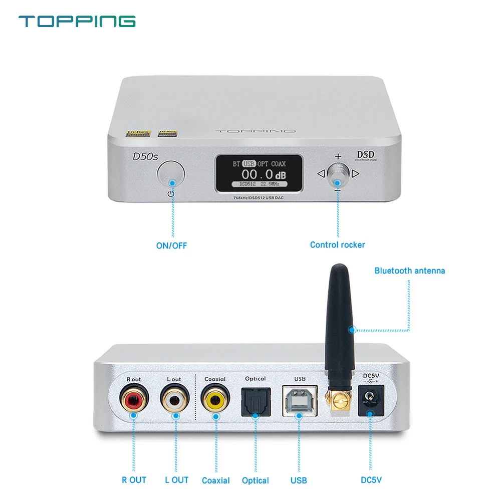 Настольный Hi Fi декодер TOPPING D50S Dual ES9038Q2M Bluetooth 5 0 USB DAC PCM 32 бит/768k DSD512 DOP64