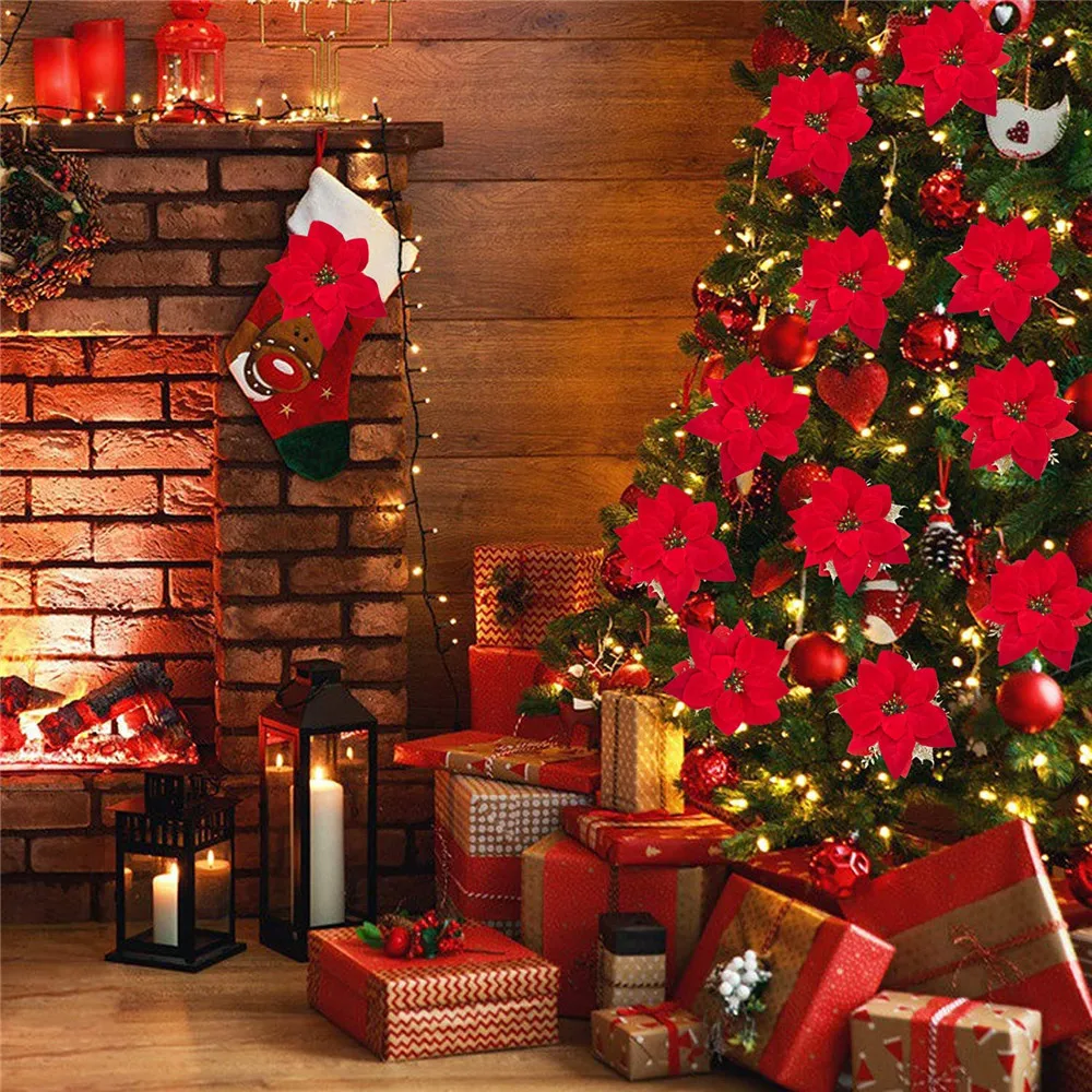 

BalleenShiny 12pcs Holiday Decoration Artificial Flowers Flannel Christmas Wreath Decoration Christmas Tree Decoration Flowers