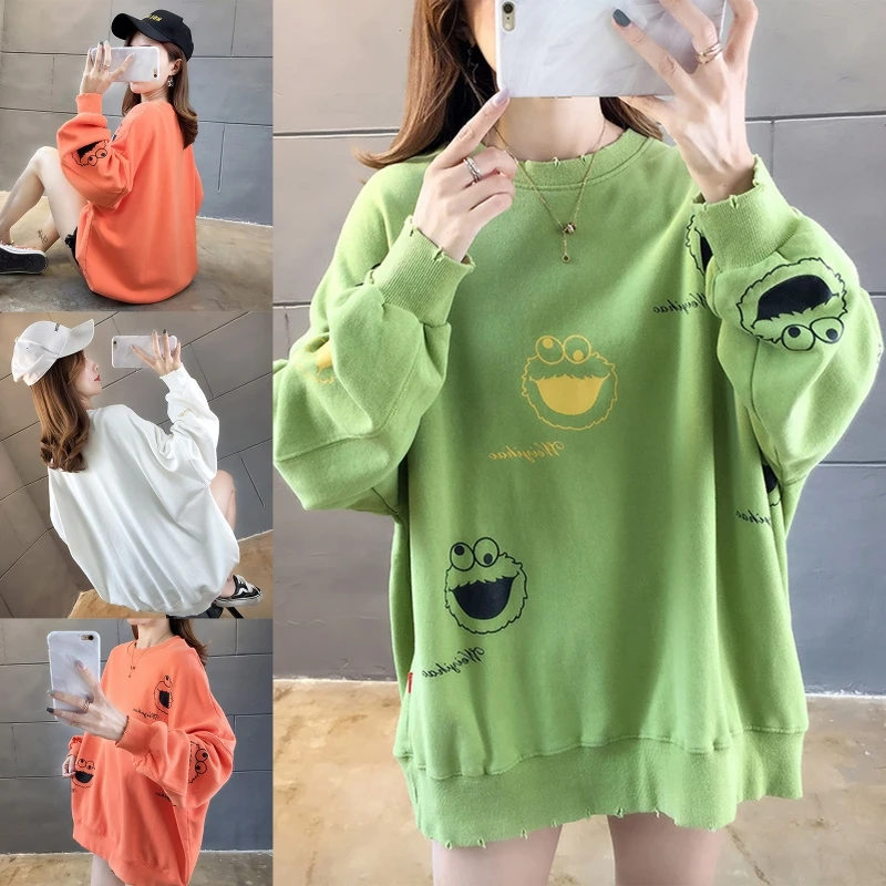 

Women Long Sleeves Round Neck Sweatshirt Solid Color Cartoon Print Pullover M5TE