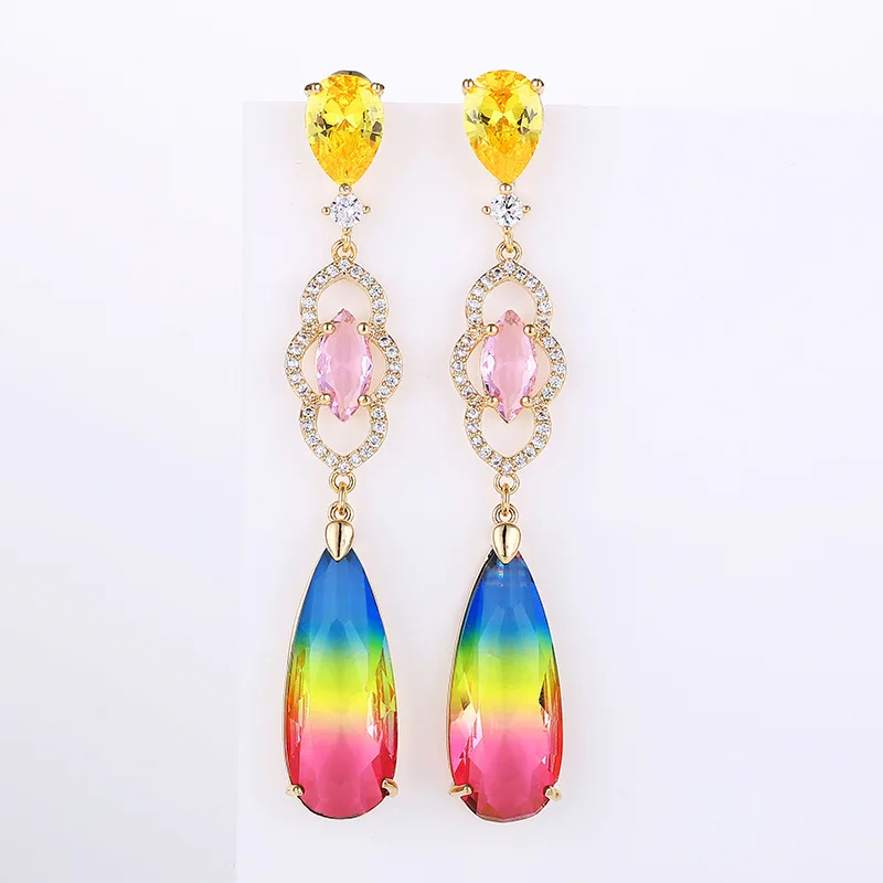 Multicolor Серьги в виде розовых капель с цирконием, длина 66 мм, модные женские свадебные висячие серьги, роскошные 925 Pin XIUMEIYIZU, новое поступление - Окраска металла: Multicolor