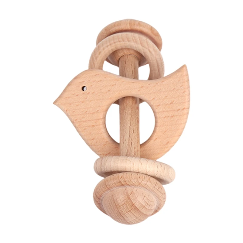

Baby Wooden Beech Teether Bell Rattle Ring Soother Molar Toddler Teething Toys