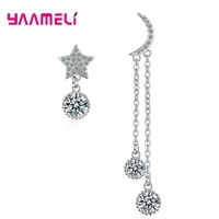 100 solid real 925 sterling silver crystal inlay paved moon star asymmetric stud earrings for women girls pendientes brincos