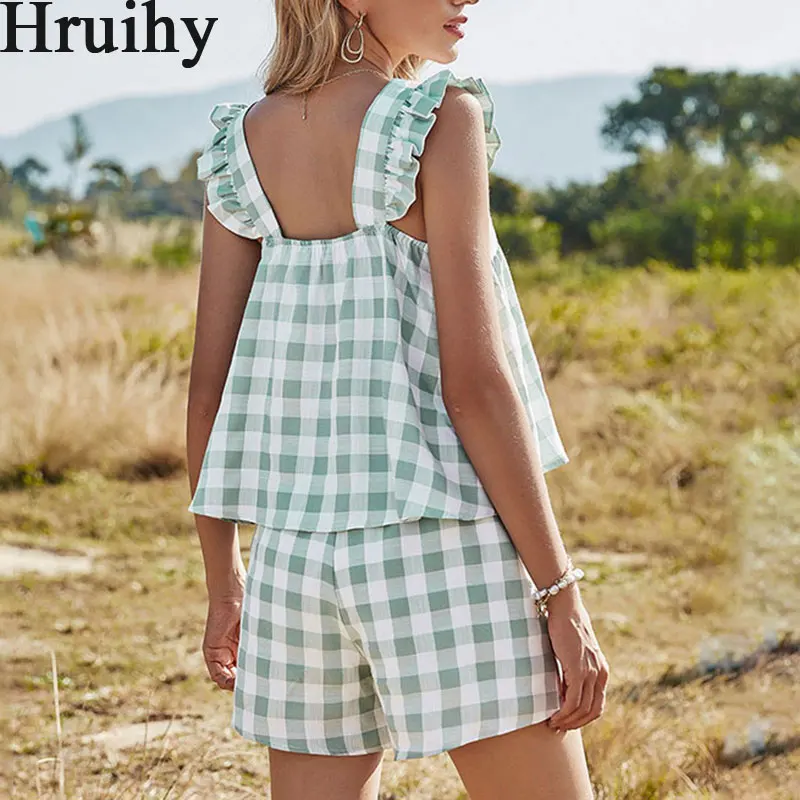 

Plaid Women 2 Piece Set Fresh and Sweet Suspender Tops and Shorts Pullover Casual Elastic Waist Fashion Summer Clothes for Women