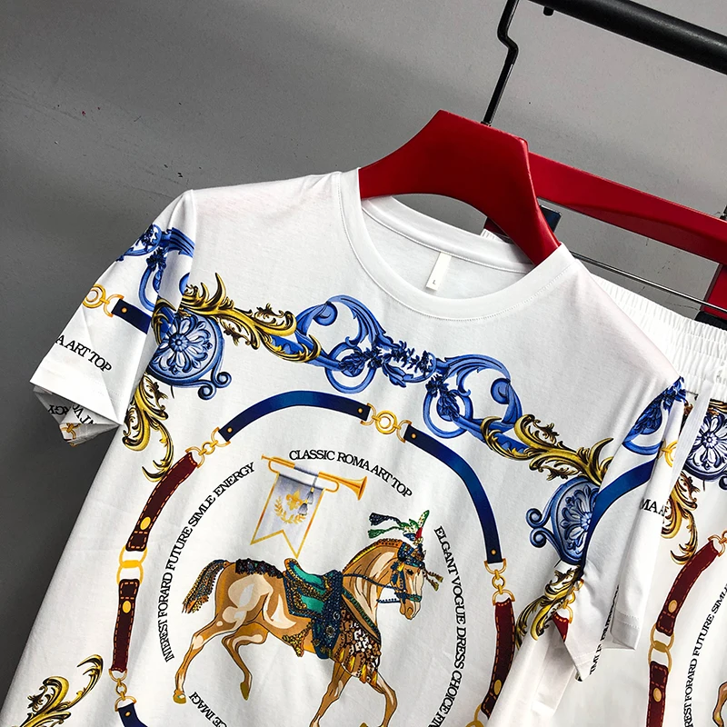

Europe station men's fashion brand summer 2021 new short sleeve shorts two piece set horse letter printing personalized suit
