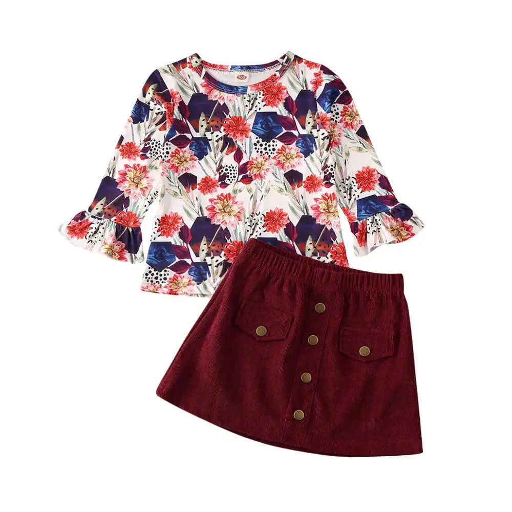Прямая поставка осенний комплект детской одежды для девочек с цветочным принтом