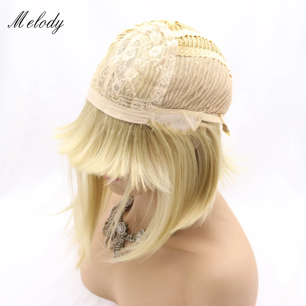

Melody Wigs Short Straight Bob Blond Synthetic None Lace Front Wigs with Bang Glueless Machine Made Wigs for Women 14 Inches