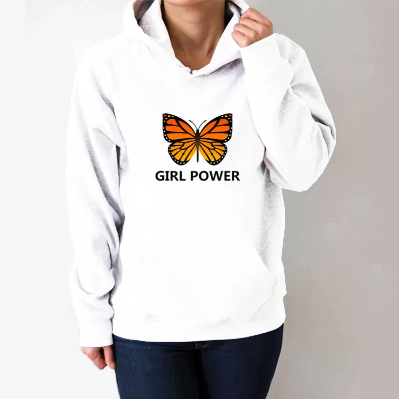 

Girl Power Butterfly Printed Hoodies Women Fleece Long Sleeve Loose Sweatshirt with Hat Women Hoodie Pullovers Winter