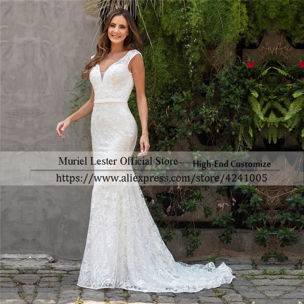 

New Trouwjurk V Neck Cap Sleeves Lace Appliques Trumpet Wedding Dress Plus Size Open Back Mermaid Bridal Gowns Custom Made W684