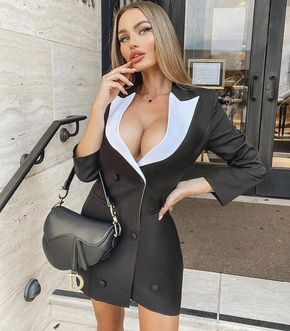 

New Women Sexy Long Sleeve V Neck Patchwork Button Mini Blazer Dress 2021 Designer Evening Catwalk Runway Party Dress Vestido