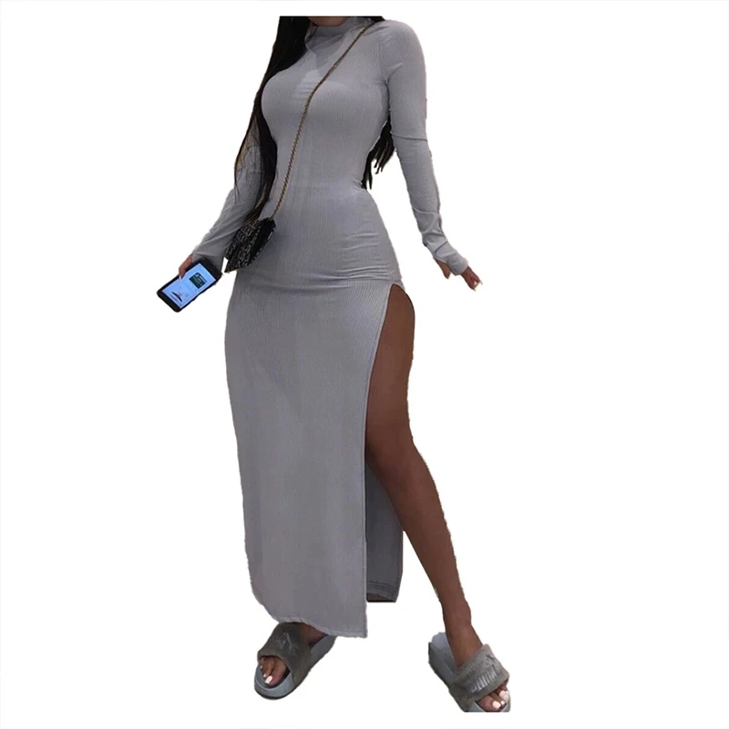 

Женское трикотажное платье-миди XLLAIS, трикотажное платье в рубчик с длинным рукавом и разрезом для большого пальца, для вечерние