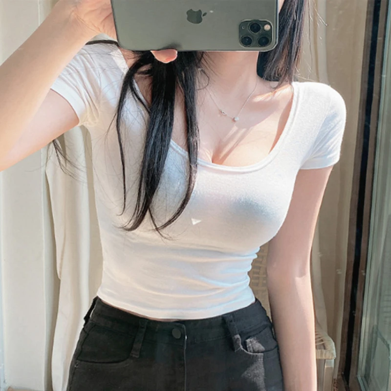 

2021 Summer T Shirt Women Elasticity T-Shirt Woman Clothes Y2k Tops Slim Tshirt Female Short Sleeve Solid Womens Sexy Kawaii
