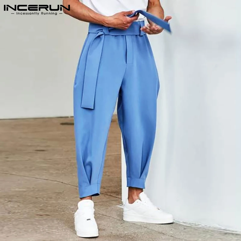 

INCERUN 2021 New Mens Fashion Solid Color Pants Drawstring Leisure Harem Trouser Chinomen's Loose Wide Leg Pants Trousers S-5XL