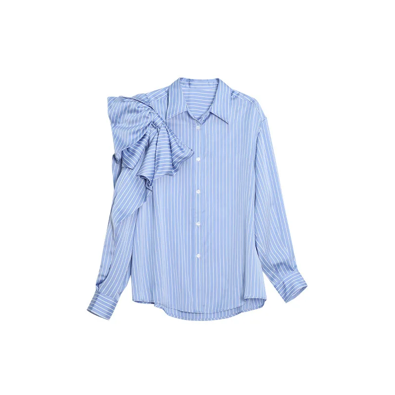 

2021 spring new three-dimensional cutting bow Stripe Shirt personality design asymmetric blouse