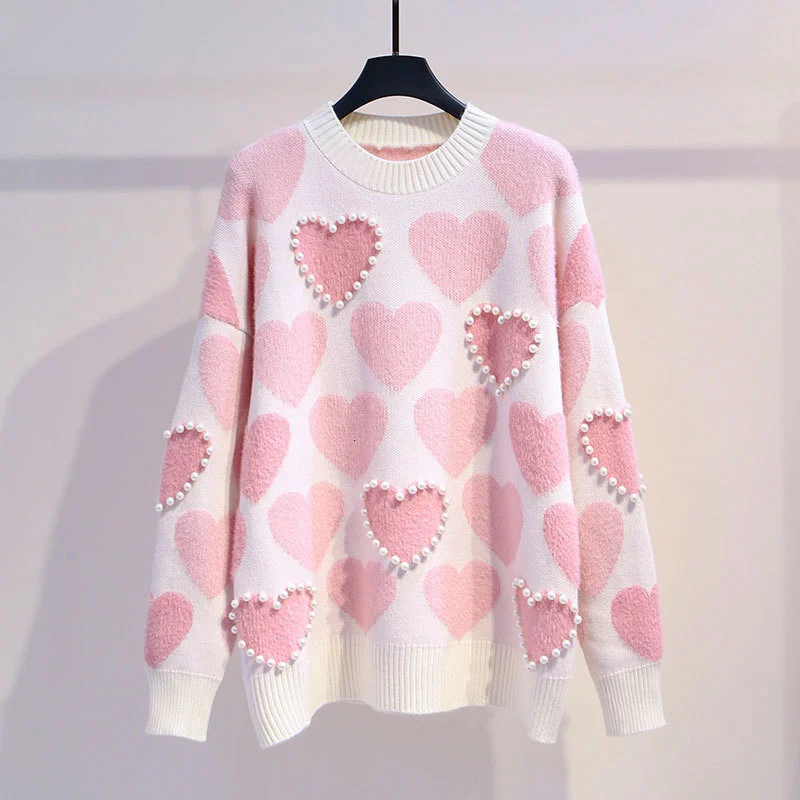 

Женский трикотажный свитер JCHB, пуловер с круглым вырезом и бусинами, милые джемперы с длинным рукавом и сердечками
