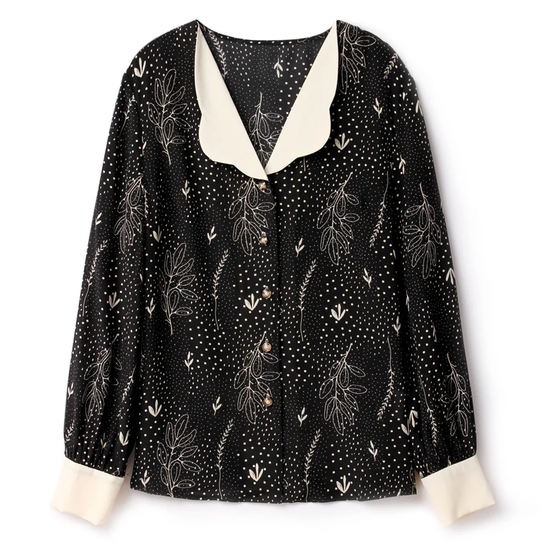 

100% Silk Women's Shirt Turn Down Collar Long Sleeves Printed Fashion Blouse Tops Camisas