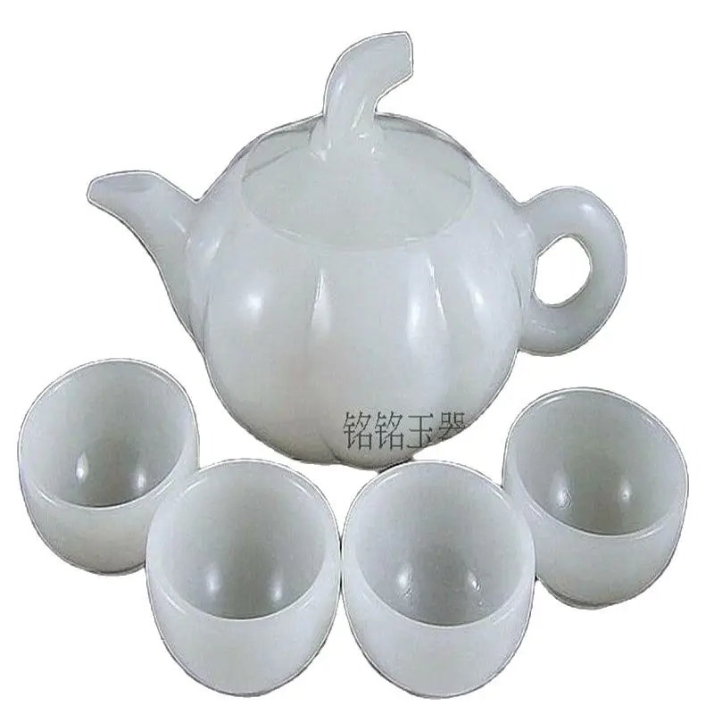 Chinese Nature White Jade Sculpture Tea Teapot And Tea Cup A Set