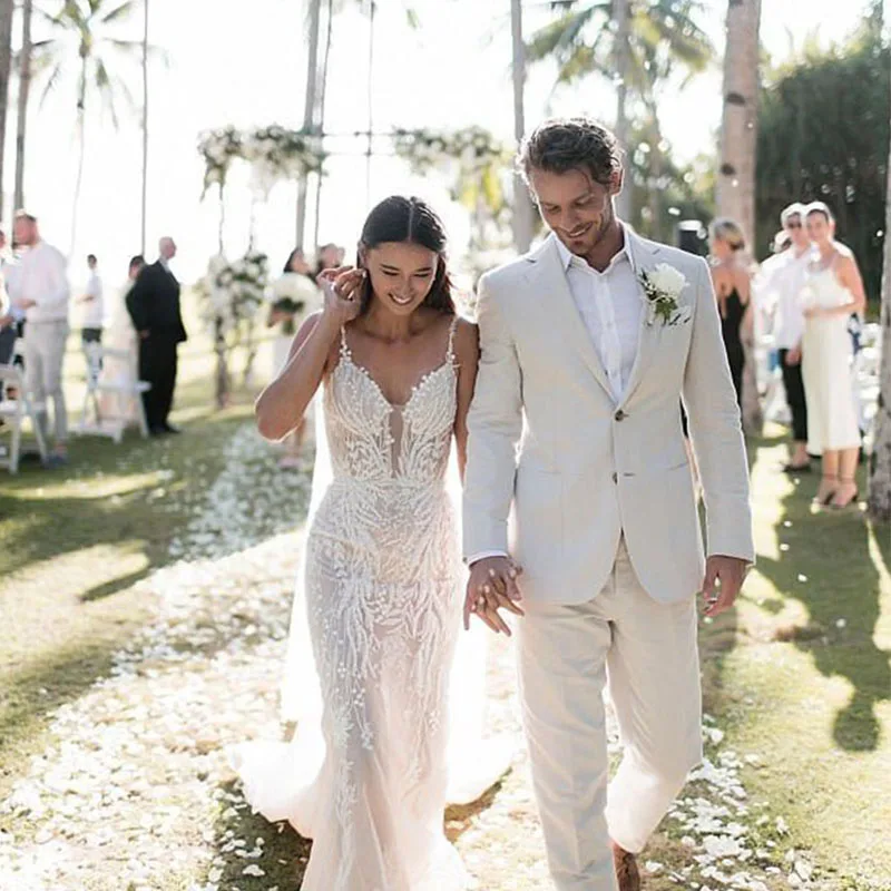 

Мужской облегающий костюм ANNIEBRITNEY цвета слоновой кости из 2 предметов, деловой льняной летний костюм 2020, свадебный смокинг для жениха, индиви...