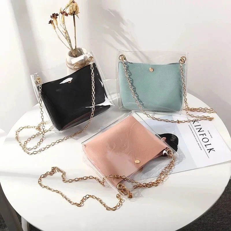 Bolso de PVC transparente para mujer, bolsa de hombro pequeña de gelatina transparente, bolso de mensajero con cadena, envío gratis