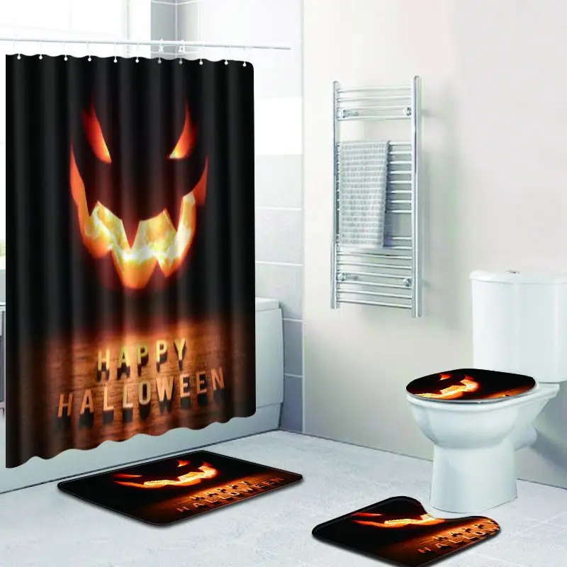 Zeegle Halloween Bath Mat Set with Shower Curtain Absorbent Toilet Pedestal Rug Foot Anti Slip Bathroom Doormat | Дом и сад