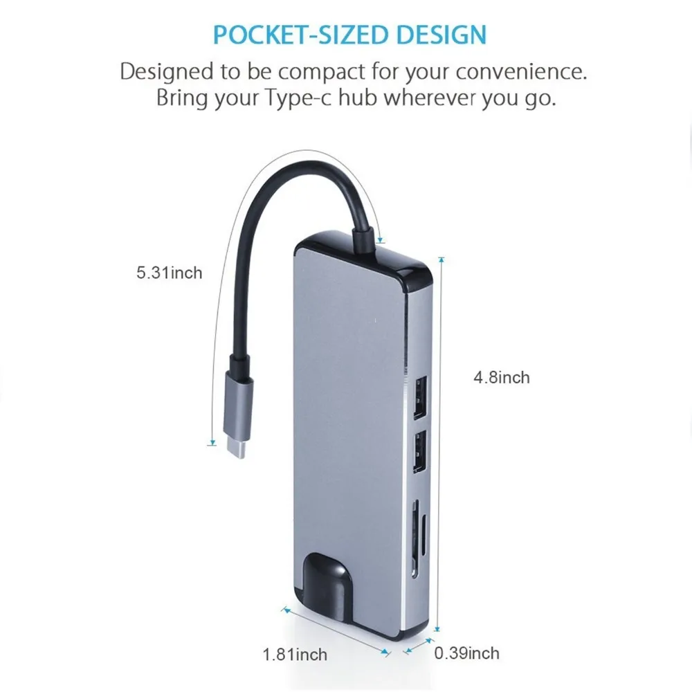 8 в 1 USB C концентратор типа к VGA 4K HDMI видео HD устройство для чтения карт SD TF 1000 м RJ45