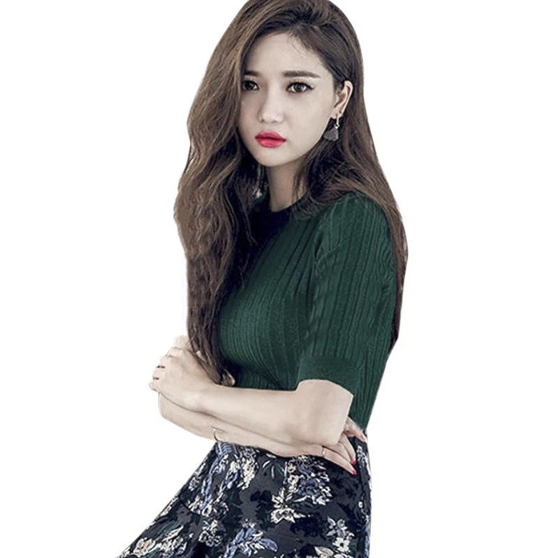 Летняя винтажная Вязаная футболка с коротким рукавом женские топы круглым