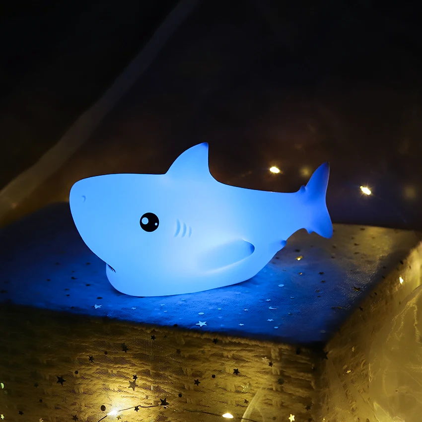 

Shark LED Night Light Touch Sensor 7 Color USB Rechargeable Silicone Bedroom Bedside Room Lamp for Children Kids Baby Girl Gift