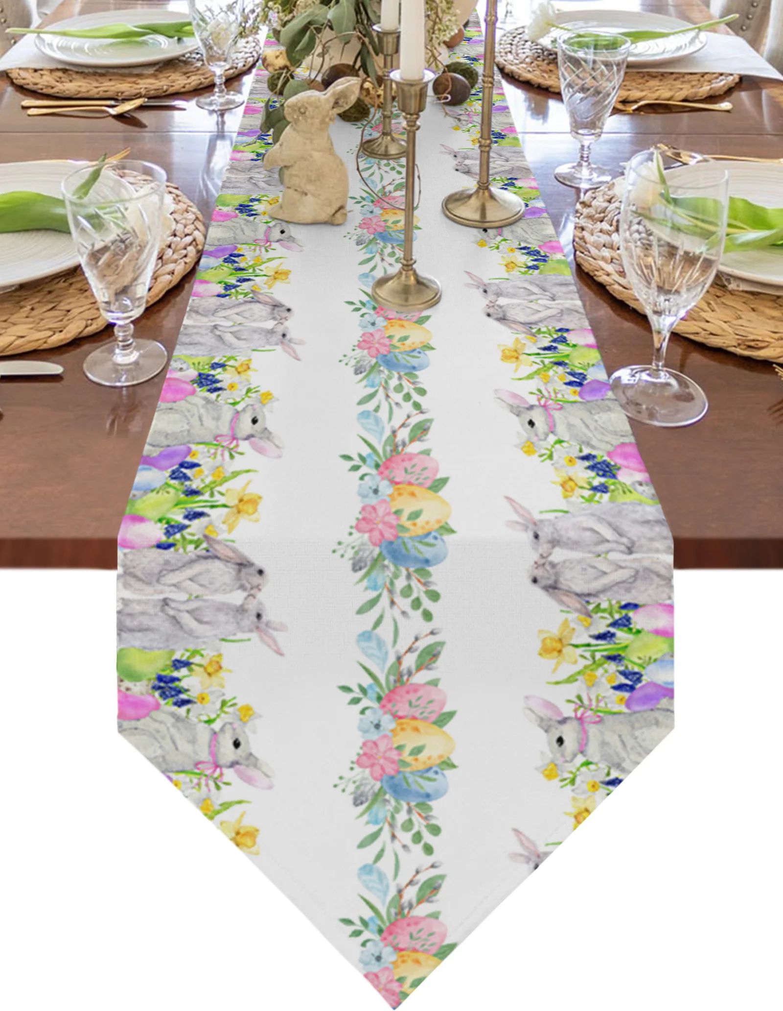 

Easter Egg Watercolor Bunny Flower Spring Table Runner Wedding Decor Tablecloth and Placemat Holiday Table Decor Table Runner