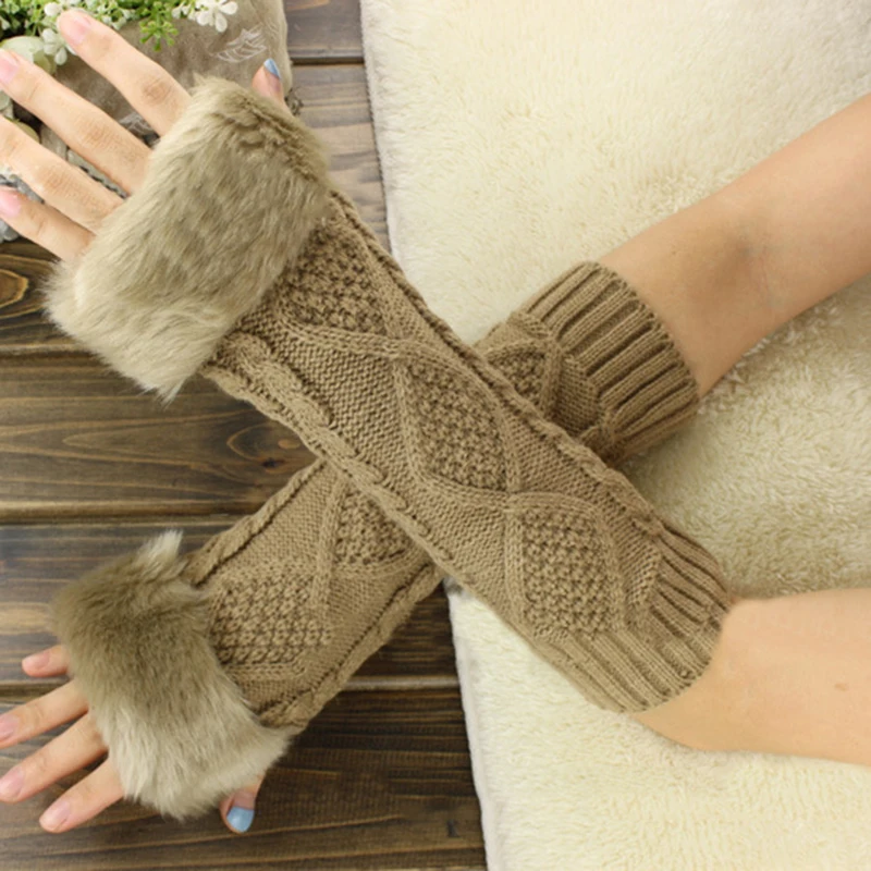 Женские теплые вязаные перчатки без пальцев длинные зимние для рук мягкие