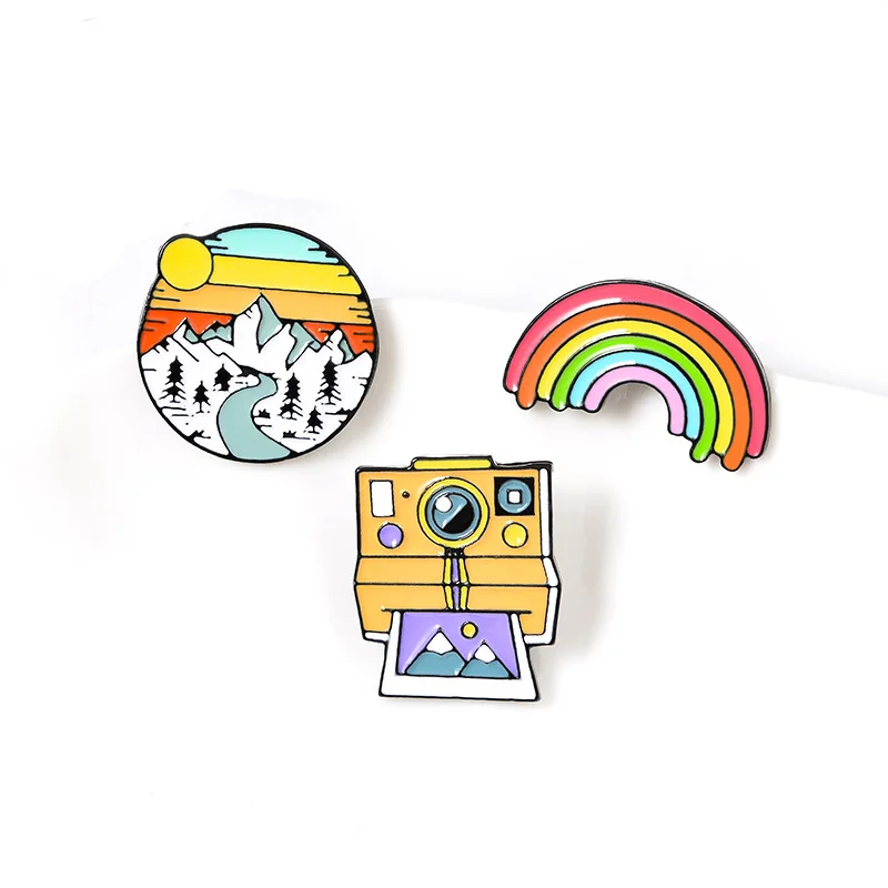 rainbow camera snow mountain brooch bag clothes backpack lapel enamel pin badges jewelry gift for friend women accessories free global shipping