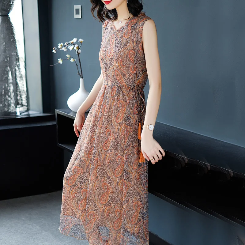 

Long Dresses Woman Party Night Sleeveless Print Summer Dress Elegant Slim Silk Office Dress Ladies Clothes 2019 LWL1496