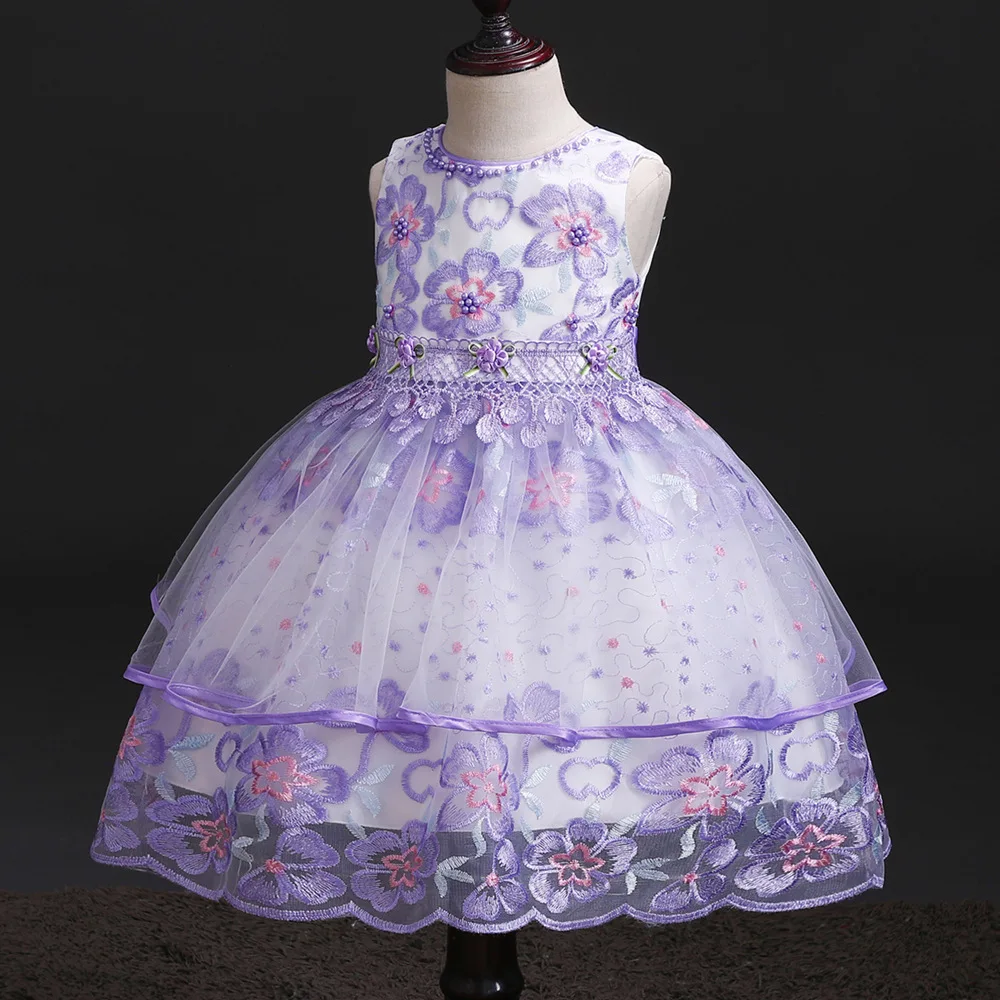 

3-8 Years Girls Party Dress Lace Embroidery Lilac Flower Girl Dresses For Weddings Kids Ball Gowns With Flowers Children Clothes