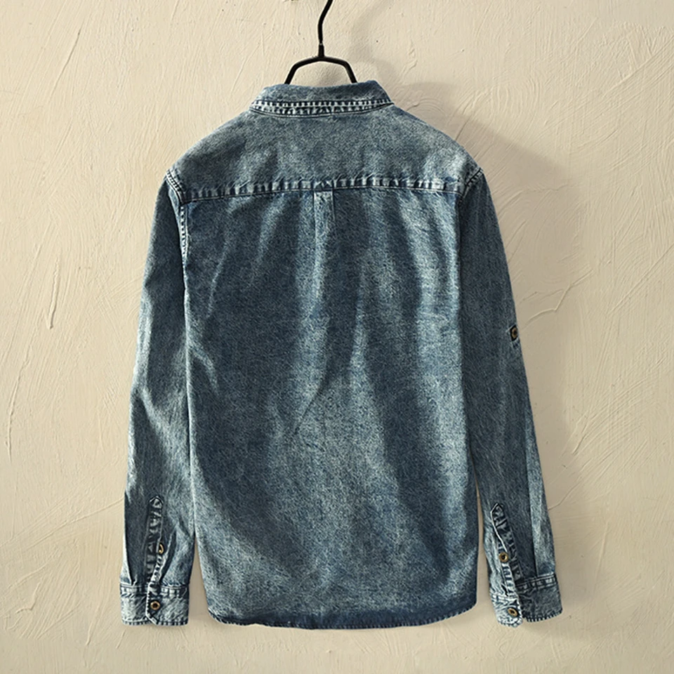 100% Cotton Man Denim Shirt Quality Spring Autumn Long Sleeve Male Retro Vintage Pocket Blue Men Jean Casual Cowboy Shirts | Мужская