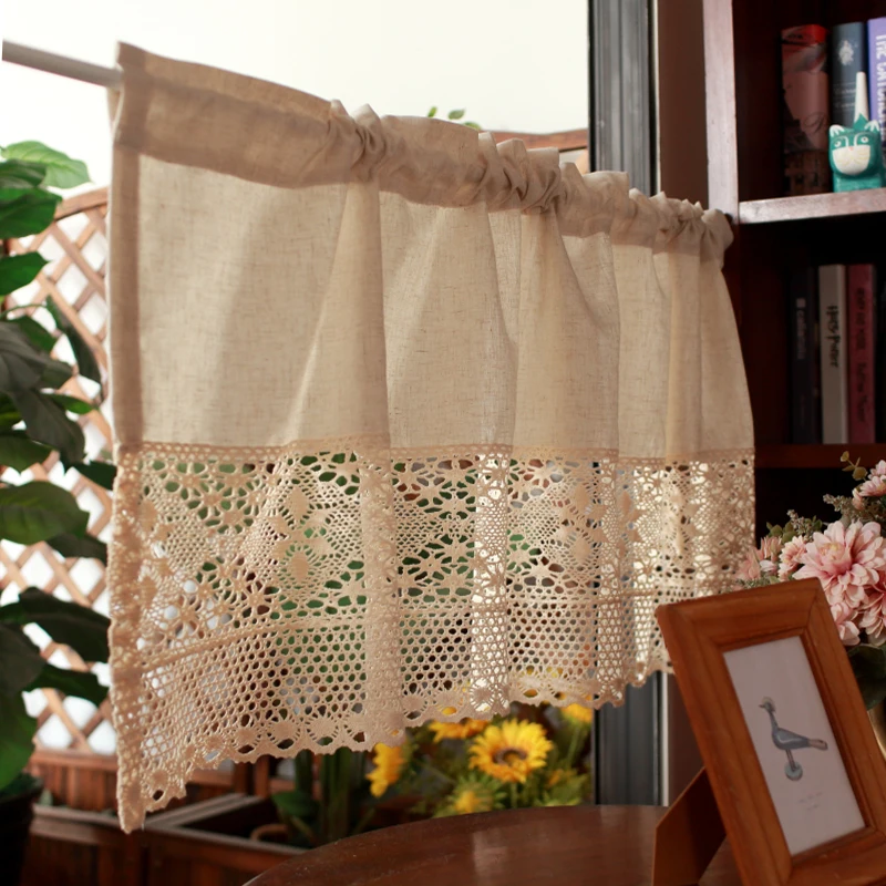 Handmade Cotton Linen Kitchen Short Curtains Crochet Lace Hollow Tassel Beige Valance Cafe Kitchen Door Window Drapes