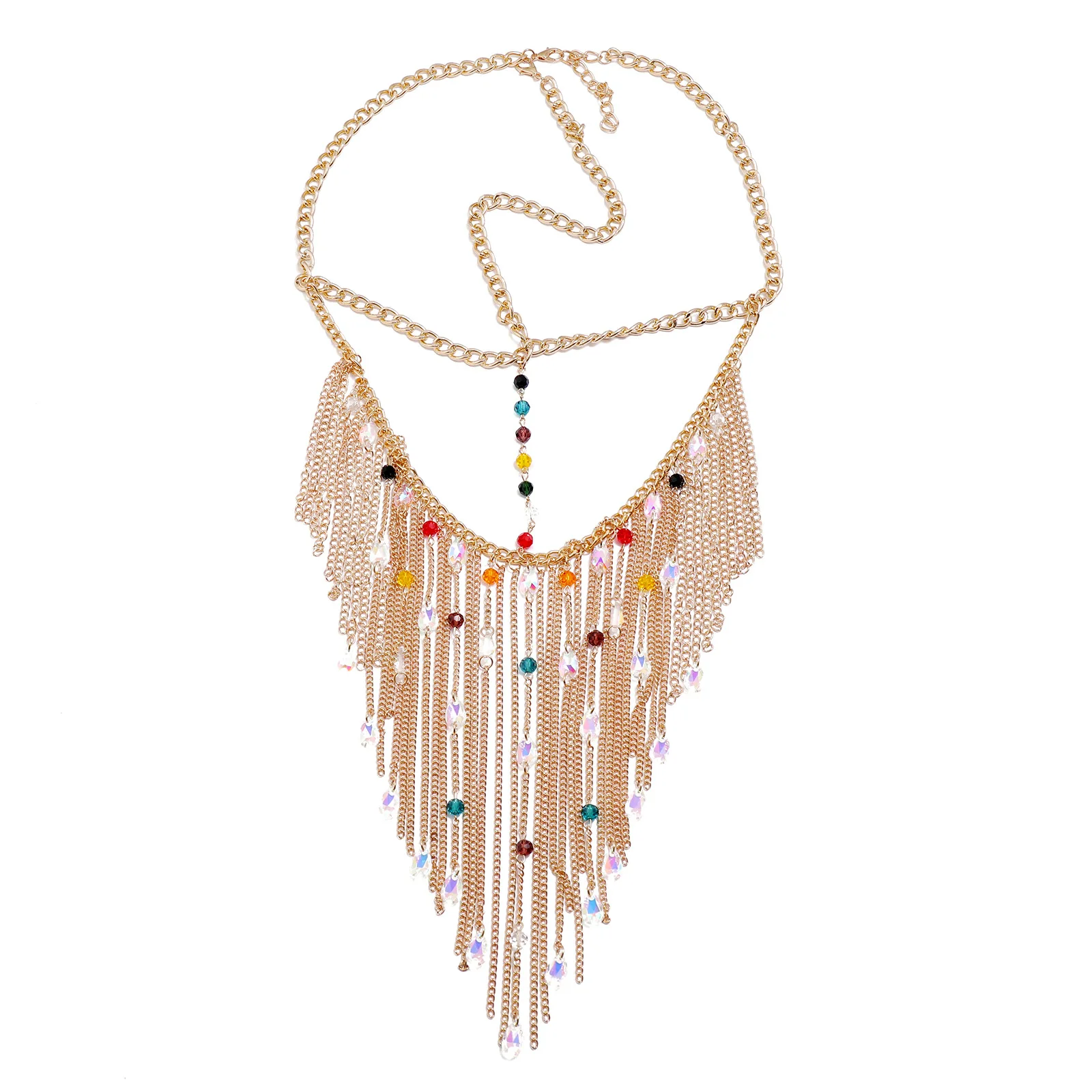 

Personalized Fashion All-match Rhinestone Tassel Face Chain European And American Metal Jewelry Crystal Glass Color Bead Head Ch