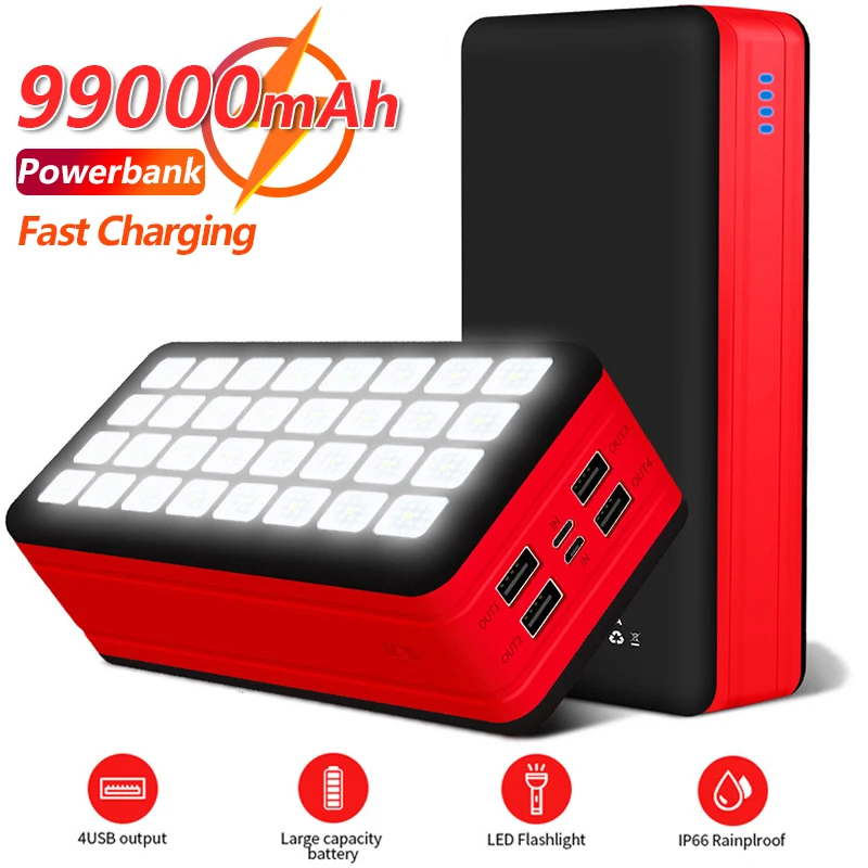 

99000mAh Solar Power Bank Large Capacity 4 USB with Camping Lights Outdoor Camping Travel External Battery Fast Charger