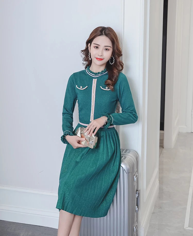 2019 Newest Autumn Women Green Knitting Pleated Long Dresses Vestidos High Quality Womans Flare Sleeve Runway Dress XL | Женская одежда