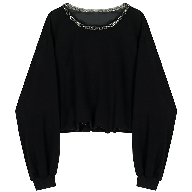 

Bugilaku Chain Design O Neck Sweatshirt Women Pure Color Long Sleeve Cropped Tops Korean All-match Long Sleeve Hoodies Jackets