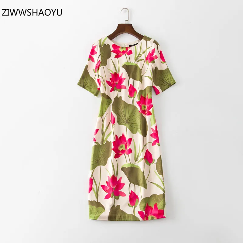 

ZIWWSHAOYU Summer Fashion Women Knee-Length Dress O-Neck Short Sleeve High Waist Slim Lotus Lotus Leaf Printing A-Line Dresses