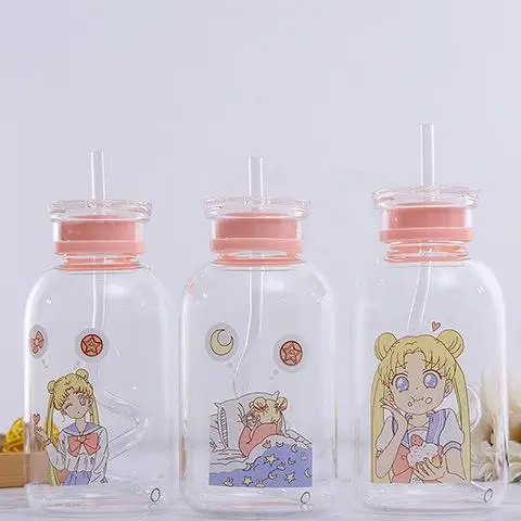 Японская милая девушка мультфильм Бутылка молока соломенная прозрачная