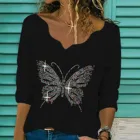 Футболка женская с длинным рукавом и кружевным воротником, пуловер с бабочкой и алмазной вышивкой, топ, рубашка