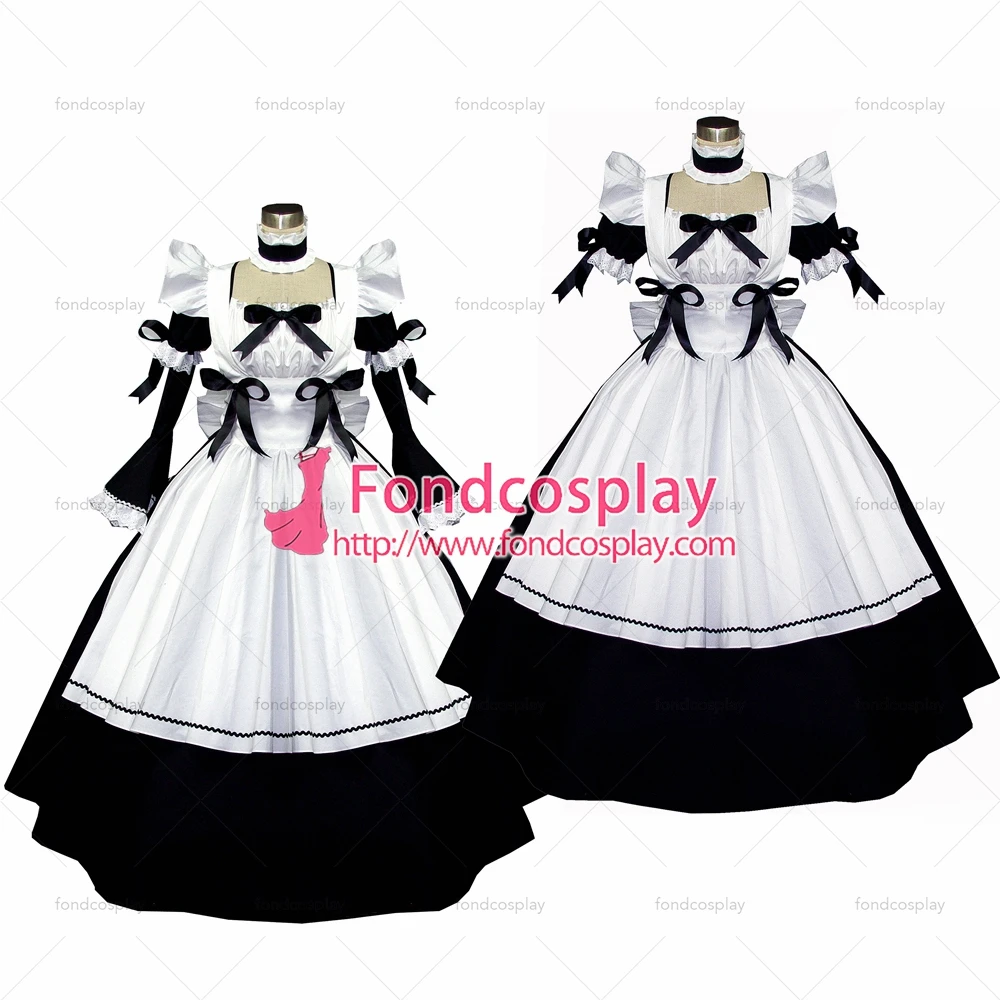 

fondcosplay adult sexy cross dressing sissy maid long Lovely Dress Black Cotton Lockable Uniform white apron Custom-made[G526]