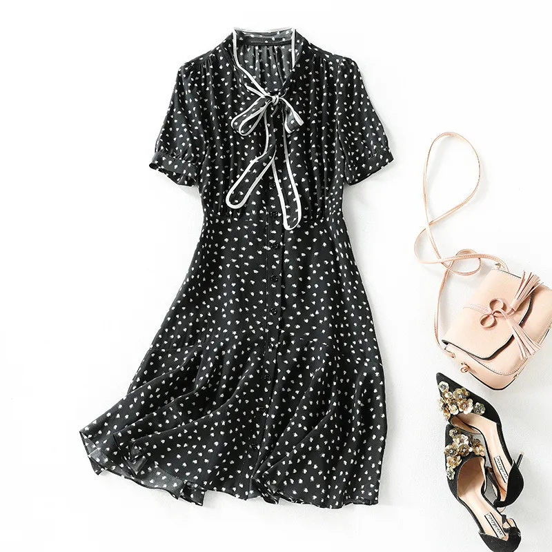 

Summer Dress Women Short Sleeve Bow Midi Red Black Printed Slim Elegant Fashion 100% Silk Evening Party Woman Dresses Robe Femme
