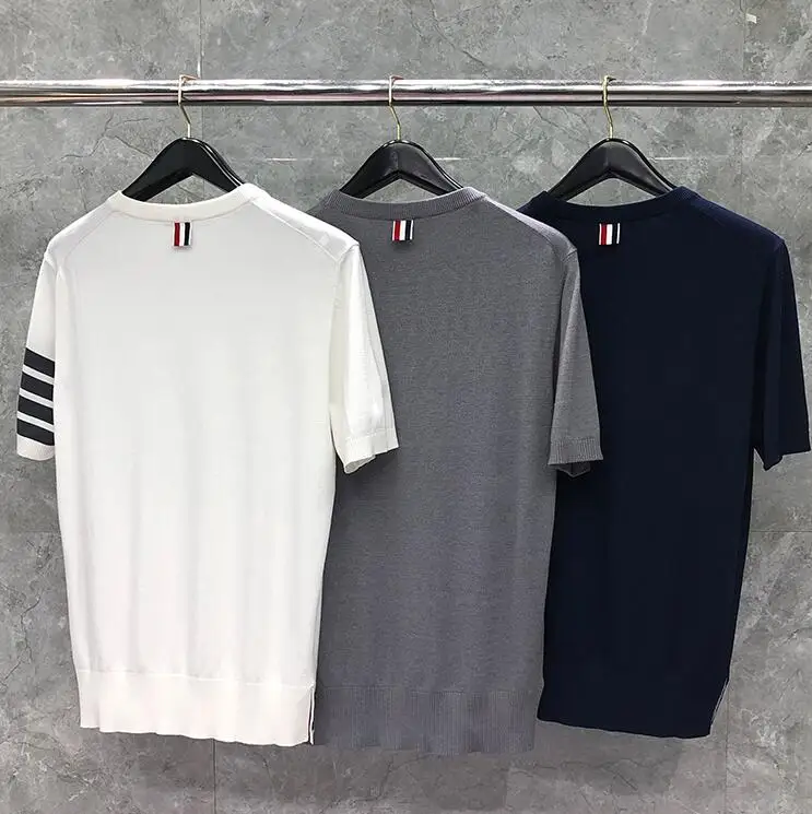 

TB 2021 Fashion THOM Brand T-Shirt Men Short sleeve Casual Clothing Solid Summer Slim Fit Striped O-neck Cotton Clothing
