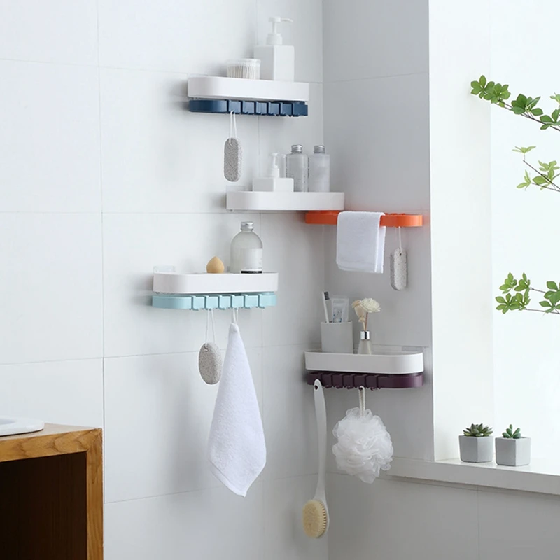 

Punch-Free Double-Layer Rotating Shelf Towel Rack Bathroom Toiletries Shelf with Hook Wall Hanging Storage Rack, 4 Pack