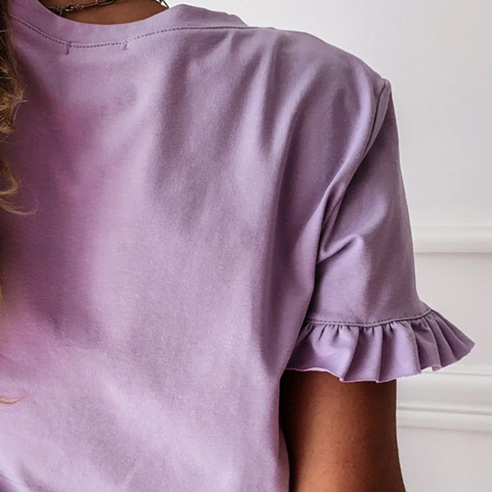 Новинка Женская однотонная Свободная блузка с круглым вырезом коротким рукавом