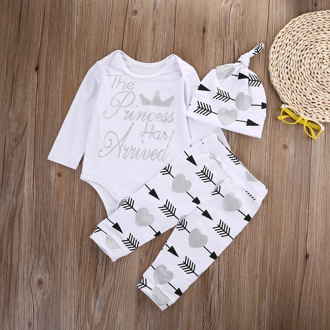 

Комбинезон с длинным рукавом и надписью для новорожденных девочек + длинные брюки с надписью Love Arrow + шапка 3 шт. нарядов одежда