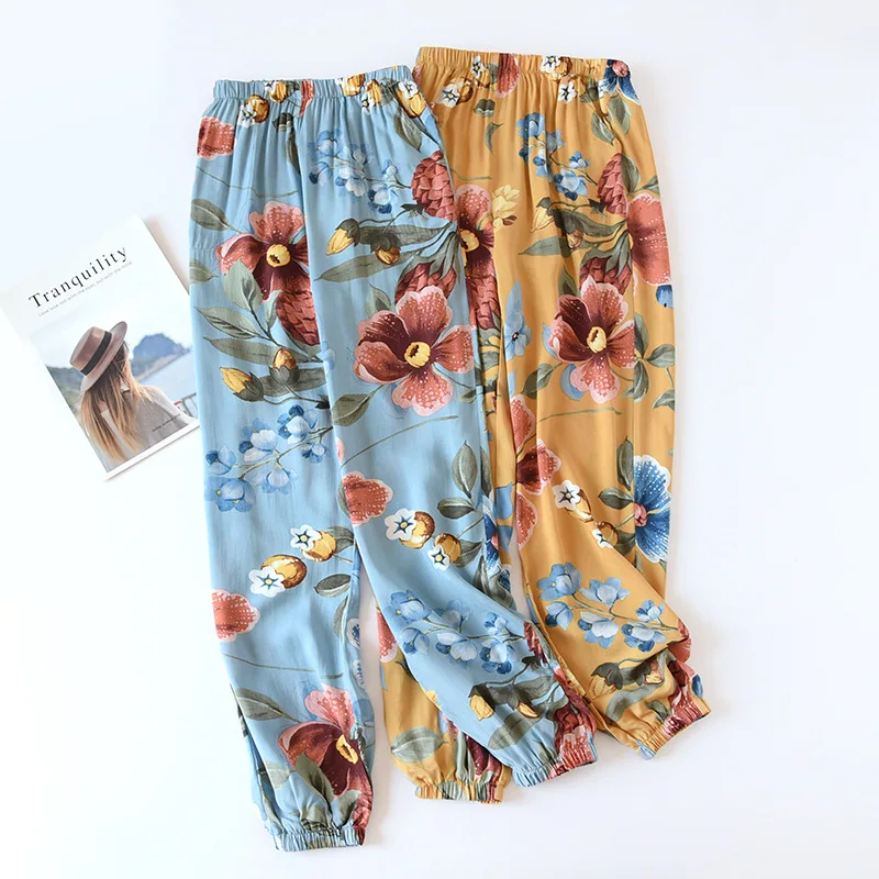 

Fdfklak Floral Print Color Trousers Cotton Closed Bloomers Home Pajama Pants Thin Loose Sleep Bottoms Spring Summer New
